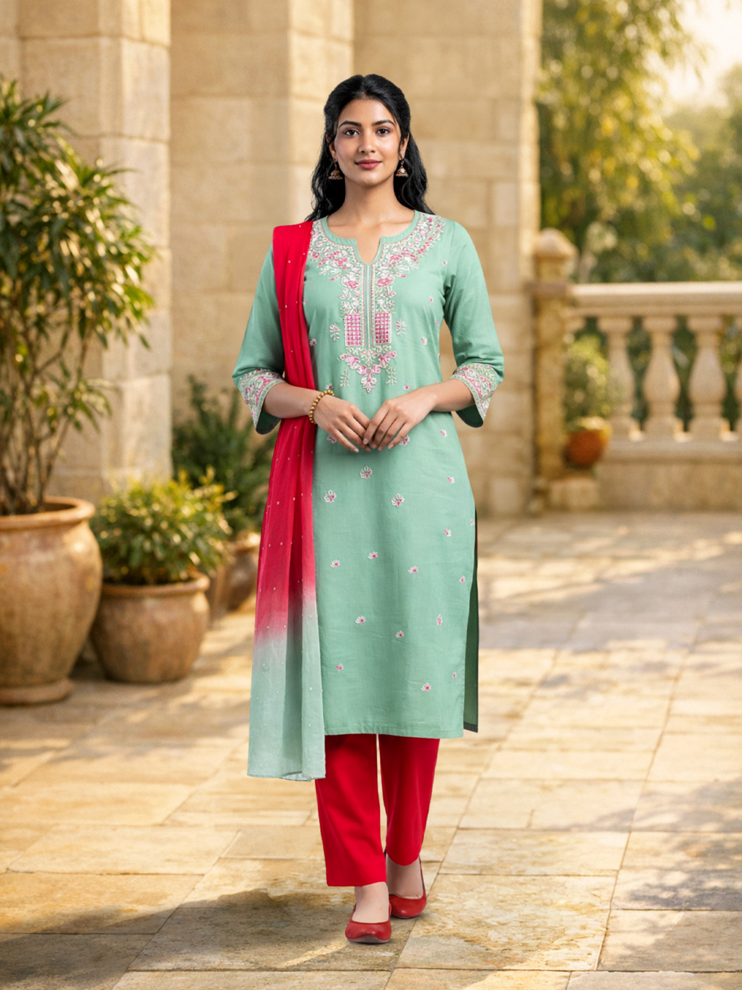 Embroidery Floral Threadwork Notch Neck Salwar Suit Set