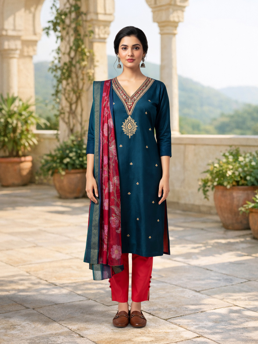 V-Neck Embroidery Motif Ethnic  Salwar Suit Set