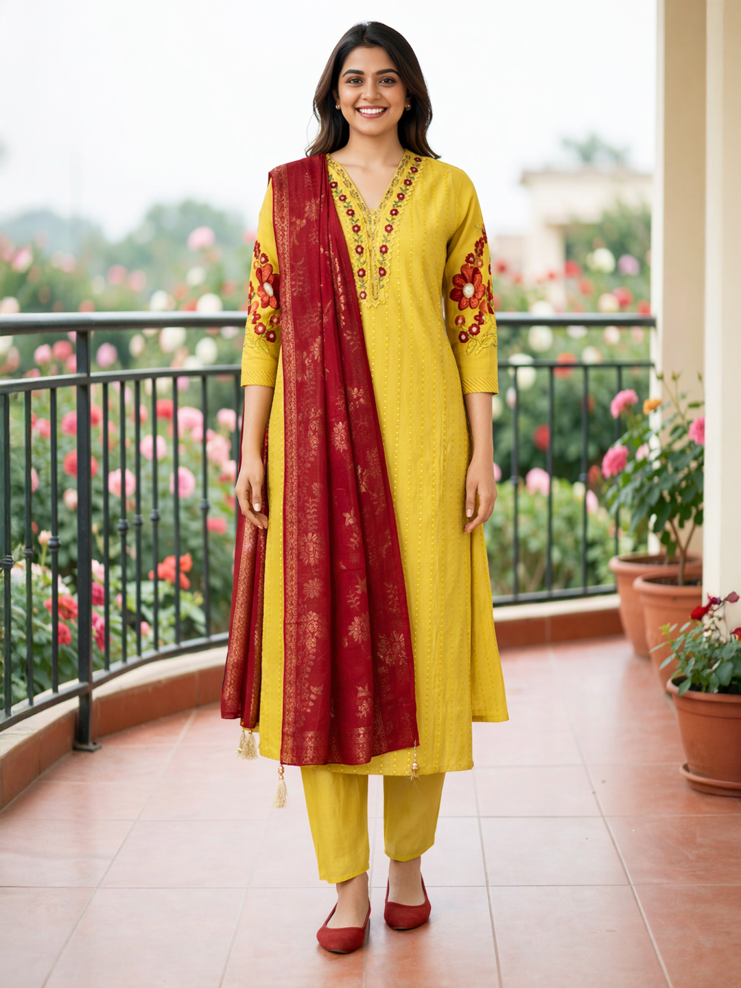 Floral Embroidery V-Neckline Ethnic Salwar Suit Set