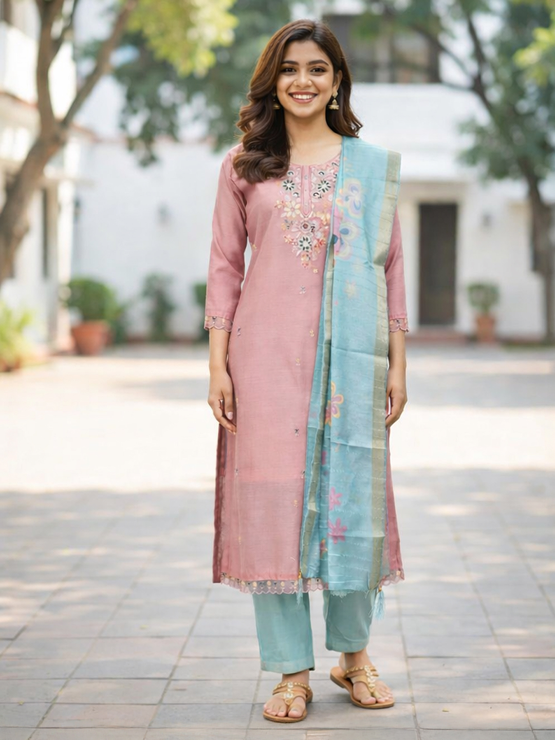 Thread Work Embroidery Round Neck Salwar Suit Set