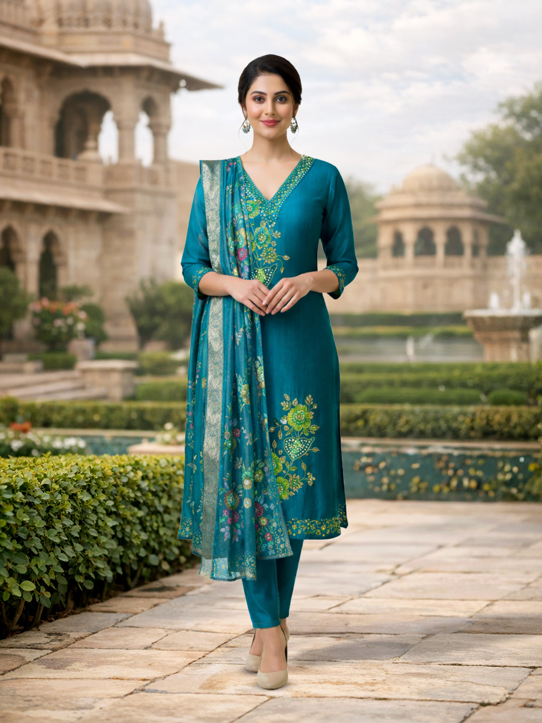 Flattering V-Neck Floral Embroidered Salwar Suit Set