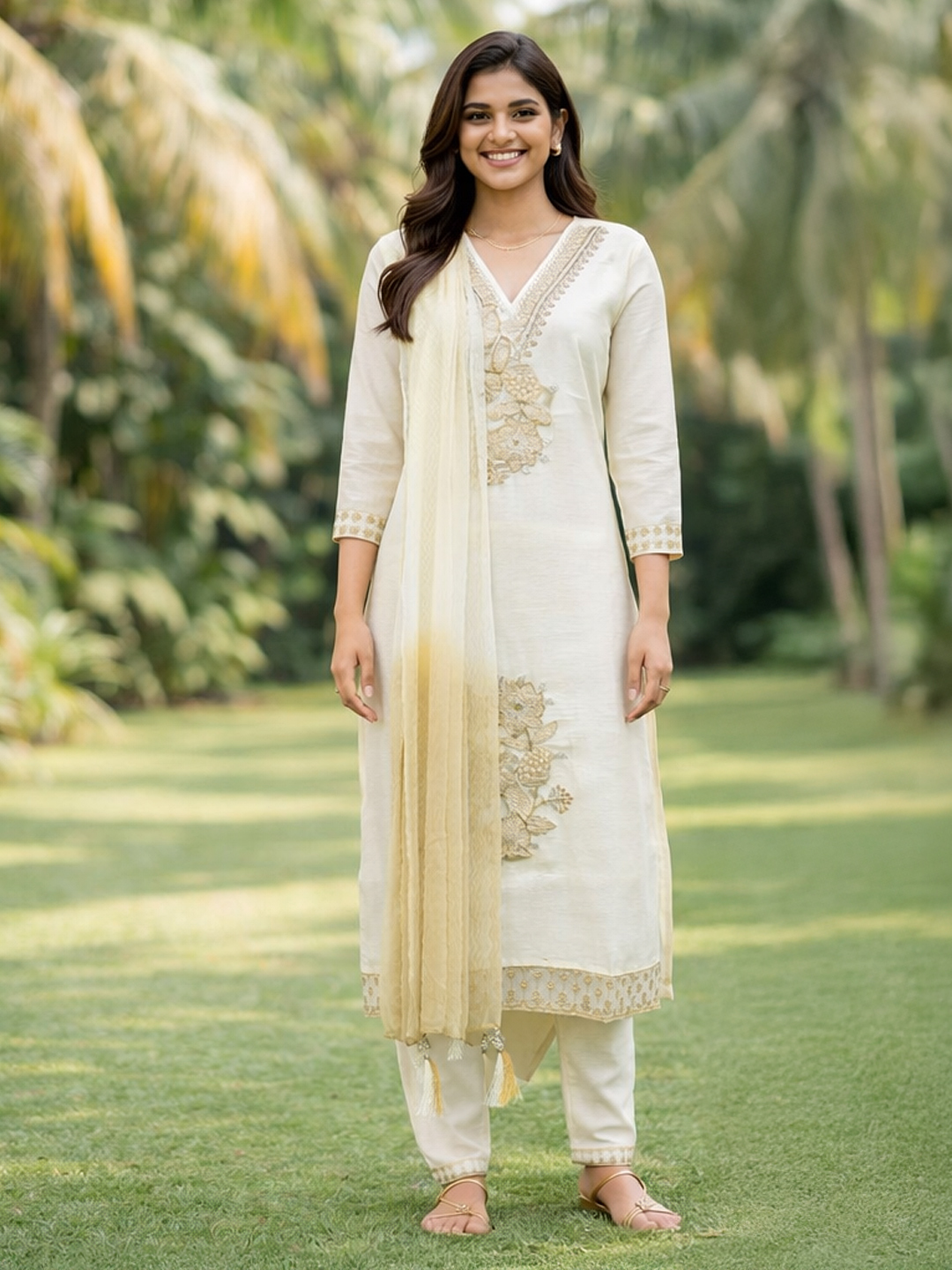 V-Neck Golden Embroidery Traditional Salwar Suit Set