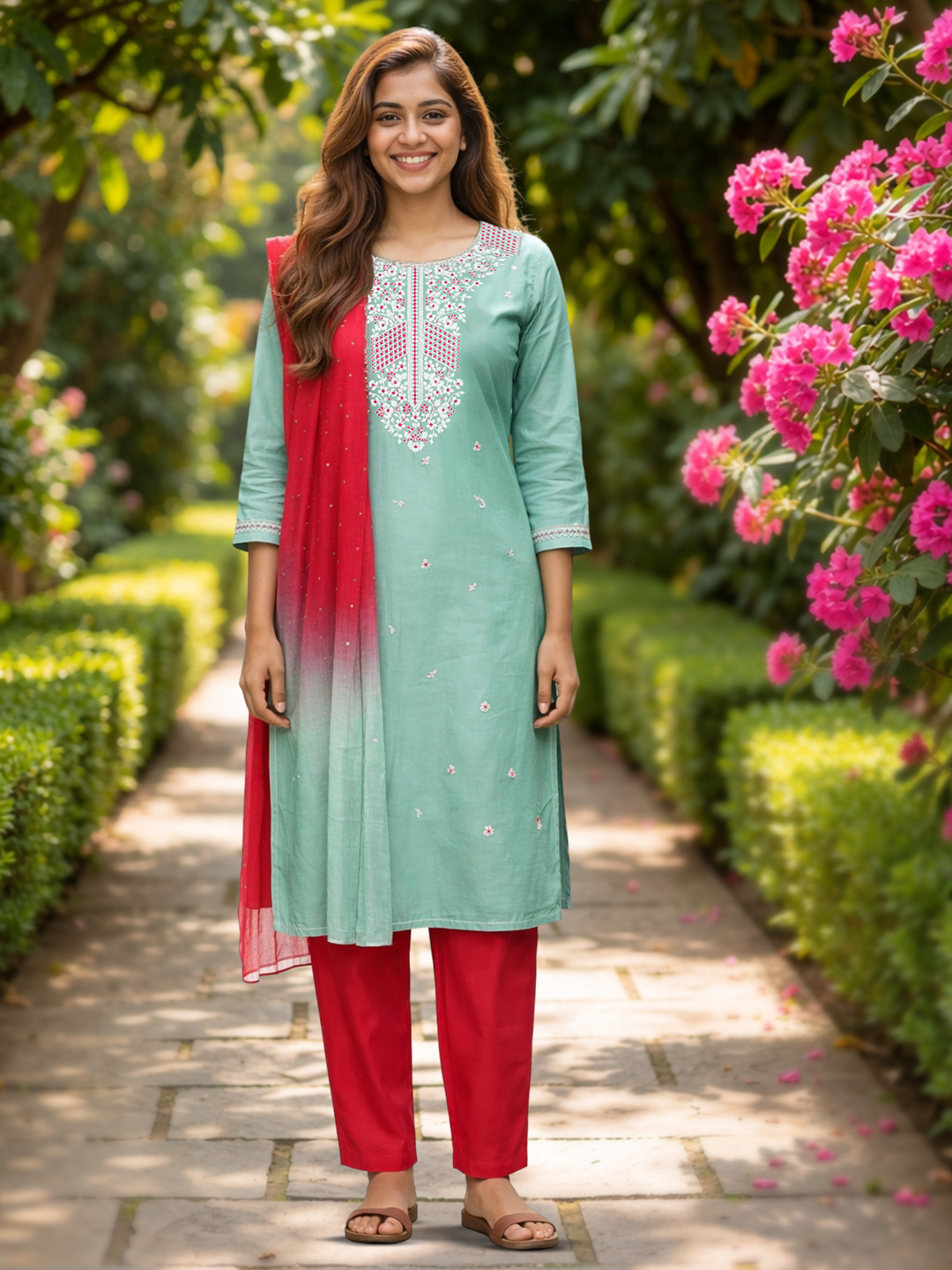 Embroidery Floral Threadwork Notch Neck Salwar Suit Set