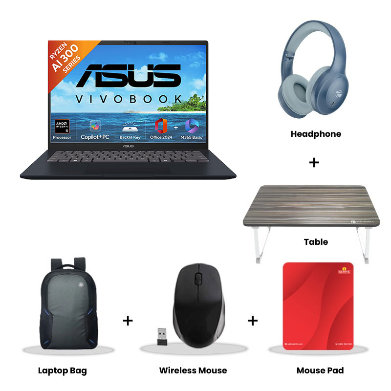 Asus Vivobook 14 - AMD Ryzen AI 5 330 14" (35.56 cm) M1407KA-LY132WS AI Powered Thin and Light Laptop (16GB/ 512GB SSD/ WUXGA Display/ AMD Radeon Graphics/ Windows 11 Home/ Office Home 2024/ 1Year Warranty/ Quiet Blue/ 1.46kg)  Zebronics Paradise Neo R Headset + Wireless Mouse + Mouse Pad + Laptop Table + Laptop Bag