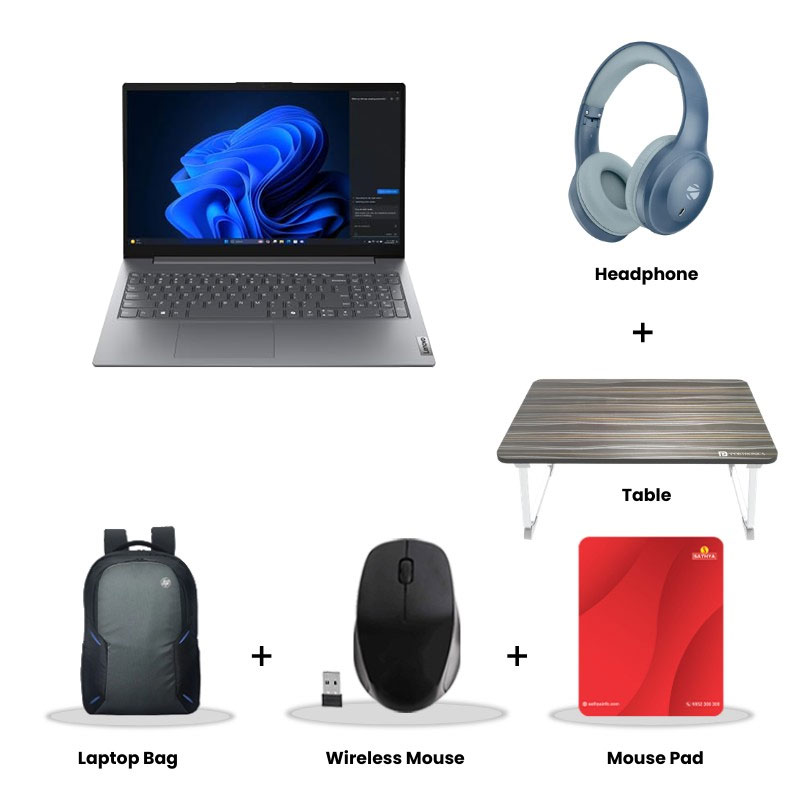 Lenovo V15 G5 IRL - Intel Core i3-1315U 15.6" (39.62 cm) 83HF00EWIG Thin & Light Laptop (16GB/ 512GB SSD/ Full HD Display/ Integrated Intel UHD Graphics/ DOS/ 1Year Warranty/ Luna Grey/ 1.61 kg) Zebronics Paradise Neo R Headset + Wireless Mouse + Mouse Pad + Laptop Table