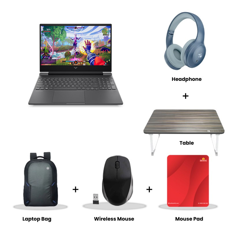 HP Victus -  Intel Core Core 5-210H  15.6" (39.6 cm)  15-fa2497TX Gaming Laptop  (24GB DDR5/ 512GB SSD/ Full HD IPS  Display/ NVIDIA GeForce RTX 3050 A/ Windows 11 Home/ Office Home 2024/  1Year Warranty/  Mica Silver/ 2.29 kg) Zebronics Paradise Neo R Headset + Wireless Mouse + Mouse Pad + Laptop Table + Laptop Bag