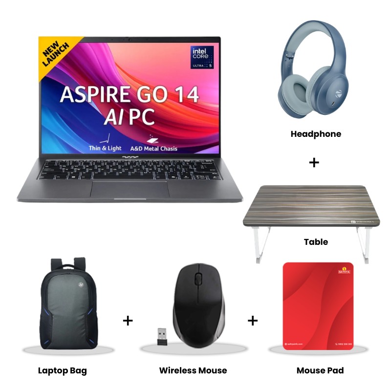 Acer Aspire Go 14 - Intel Core Ultra 5 125H 14.0" (35.56 cm) AG14-71M Premium Thin and Light Laptop (16GB/ 1TB SSD/ WUXGA IPS/ Backlit Keyboard/ Windows 11Home/ MS office/ Space Gray/ 1.5 kg) Zebronics Paradise Neo R Headset + Wireless Mouse + Mouse Pad + Laptop Table + Laptop Bag