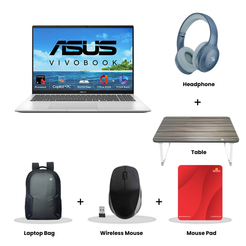 Asus Vivobook 16 (2025) - Snapdragon X X1 26 100 16" (40.64 cm) X1607QA-MB050WS AI Powered Thin and Light Laptop (16GB/ 512GB SSD/ WUXGA Display/ Qualcomm Adreno GPU/ Windows 11 Home/ Office Home 2024/ 1Year Warranty/ Cool Silver/ 1.88 kg)   Zebronics Paradise Neo R Headset + Wireless Mouse + Mouse Pad + Laptop Table + Laptop Bag