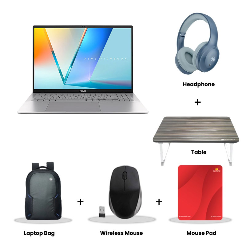 Asus Vivobook S16 - Intel Core Ultra 5 225H 16" (40.64 cm) S3607CA-SH071WS AI Powered Thin and Light Laptop (16GB/ 512GB SSD/ Full HD Display/ Intel Graphics/ Windows 11 Home/ Office Home 2024/ 1Year Warranty/ Cool Silver/ 1.70 kg) Zebronics Paradise Neo R Headset + Wireless Mouse + Mouse Pad + Laptop Table