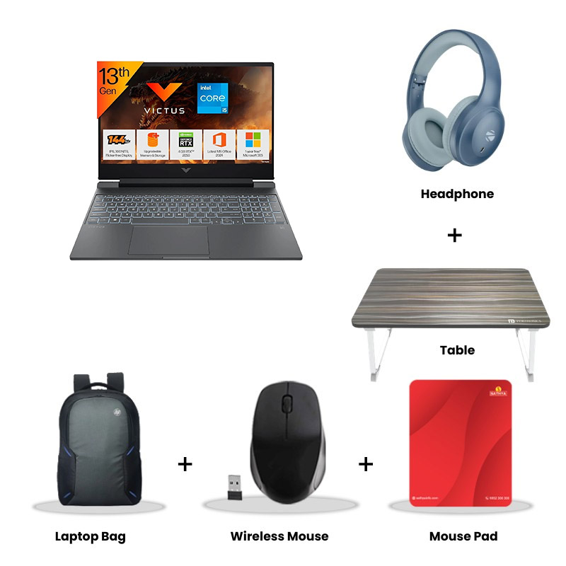 HP Victus - 13th Gen Intel Core i5-13420H 15.6" (39.6 cm) 15-fa2703TX Gaming Laptop  (16GB/ 512GB SSD/ Full HD Display/ NVIDIA GeForce RTX 2050 4GB/ Backlit Keyboard/ Anti-Glare/ Ethernet port/ Windows 11 Home/ MS Office 2024/ 1 Year Warranty/ Mica silver/ 2.29 kg)  Zebronics Paradise Neo R Headset + Wireless Mouse + Mouse Pad + Laptop Table