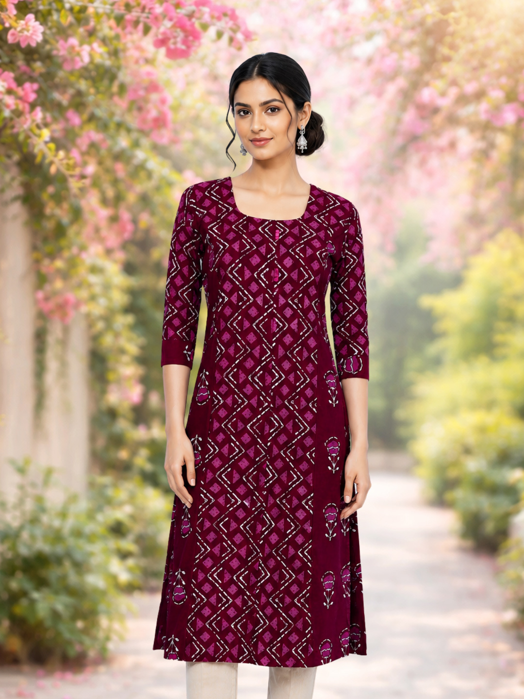 Geometric Floral Printed Ethnic  Kurta