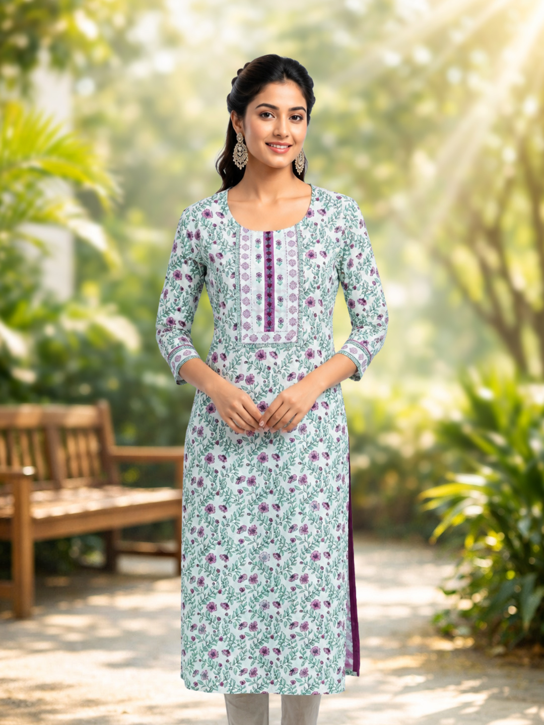 Floral Print Yoke Round Neck Kurta