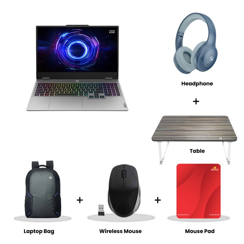 Lenovo LOQ -  Intel Core i7-14700HX  15.6" (39.6cm) 83JE00U5IN  Gaming Laptop (16GB/  1TB SSD/ Full HD Display/  NVIDIA GeForce RTX 5060 8GB GDDR7/ E-shutter/ Anti-glare/ Windows 11 Home/ Office Home 2024/ 1Year Warranty/ Luna Grey/ 2.4kg)  Zebronics Paradise Neo R Headset + Wireless Mouse + Mouse Pad + Laptop Table + Laptop Bag