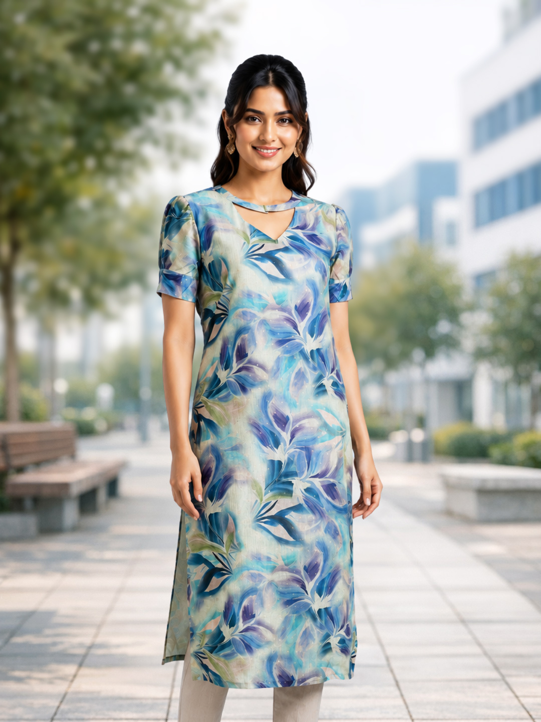 Floral Leaf Printed  keyhole Neck Kurta