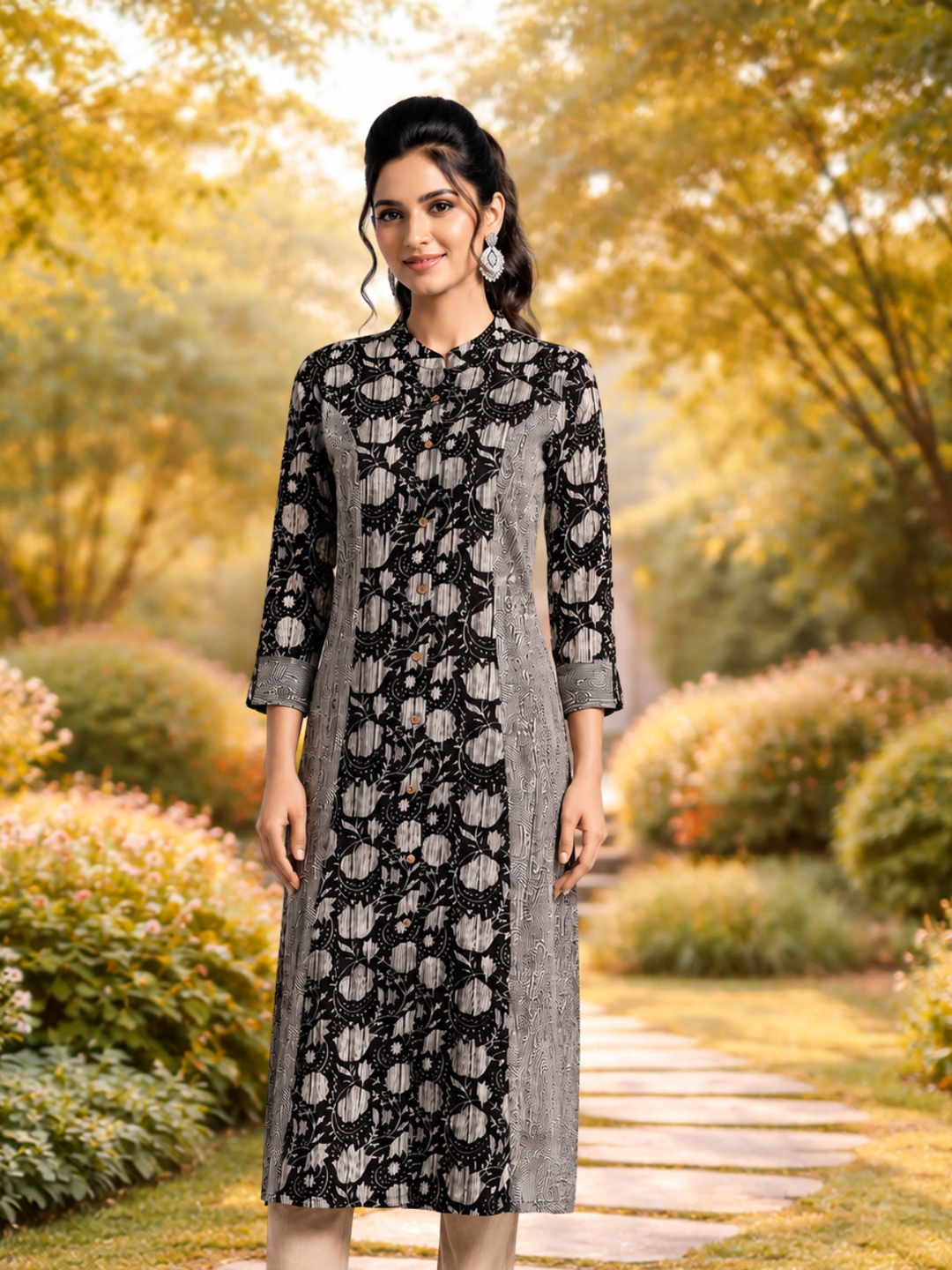 Floral Geometric Print Mandarin Collar Kurta