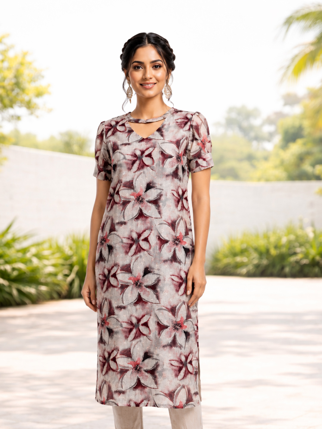 Floral Print Stylish Keyhole Neck Kurta