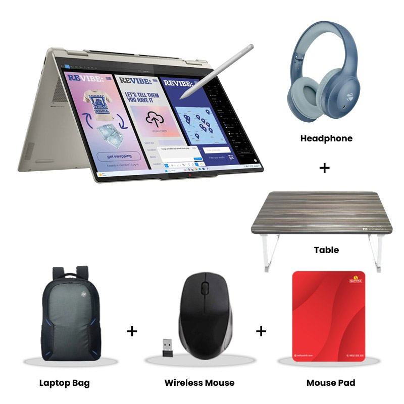 Lenovo Yoga 7 - Intel Core Ultra 7 258V 14" (35.5cm) 83JQ000NIN 2-in-1 Laptop (32GB/ 1TB SSD/ 2.8K WQXGA+ OLED/ Integrated Intel Arc Graphics 140V/ Backlit Keyboard/ Touchscreen/ Windows 11 Home/ Office Home 2024/ 1Year Warranty/ Seashell/ 1.38 kg) Zebronics Paradise Neo R Headset + Wireless Mouse + Mouse Pad + Laptop Table + Laptop Bag