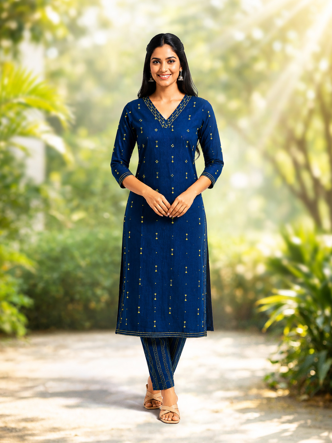 V-Neck Threadwork Motifs   Kurta with Pant Set