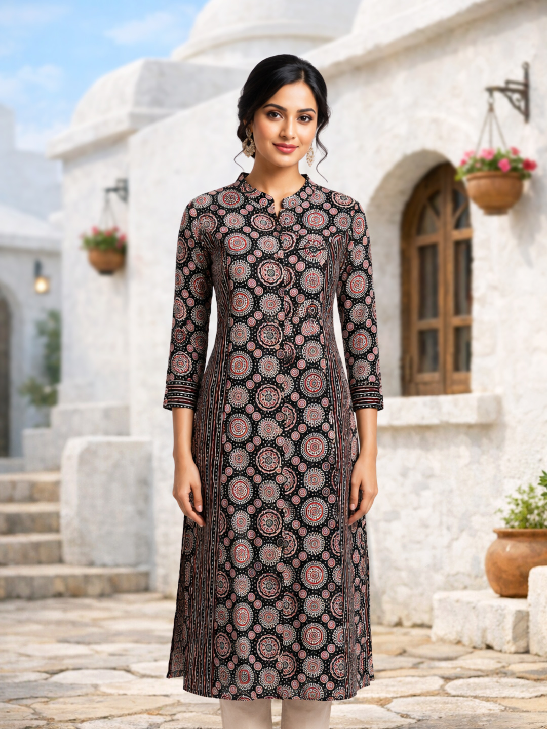 Ethnic Circular Print Mandarin Collar Kurta