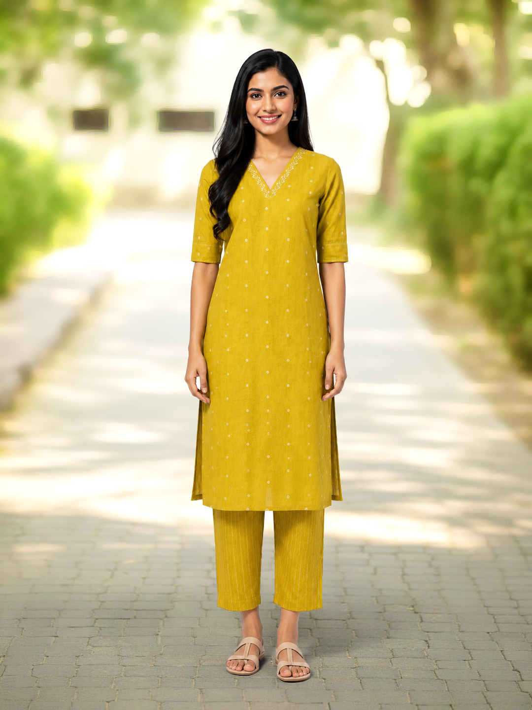 V-Neck Thread Work  Kurta with Pant Set