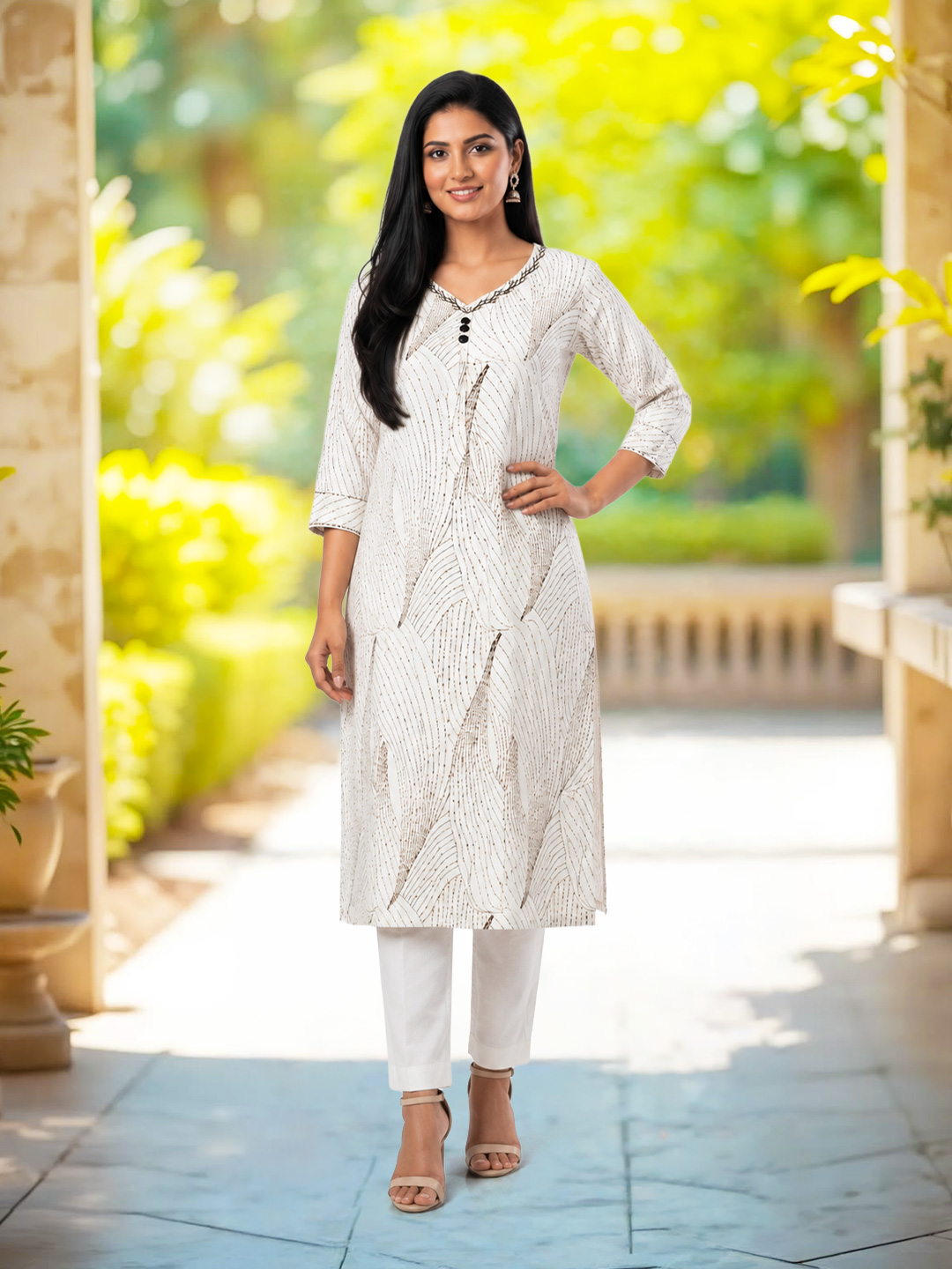 V-Neck Threadwork  Kurta with Pant Set