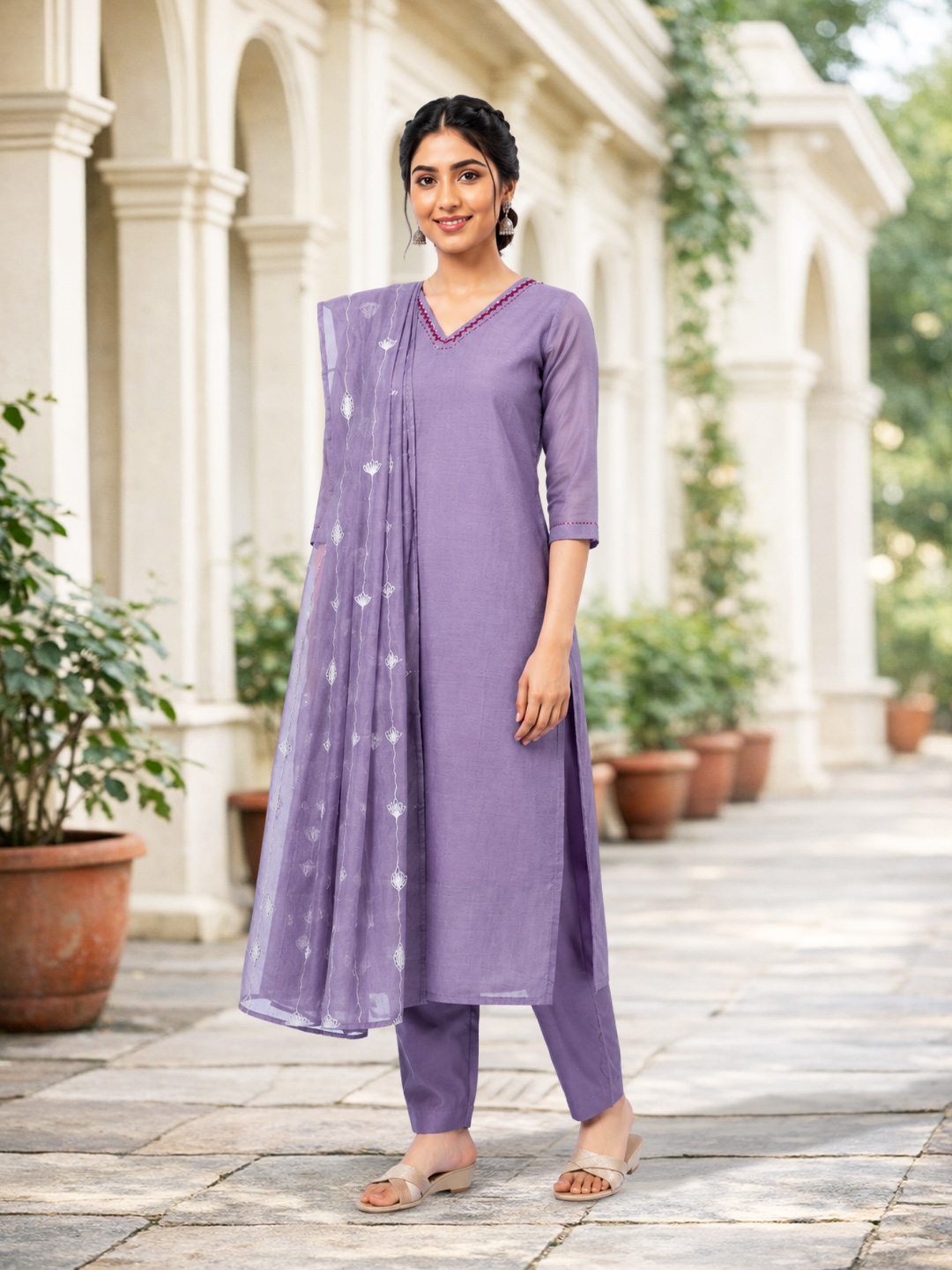 V-Neck Thread Work Ethnic Salwar Suit Set