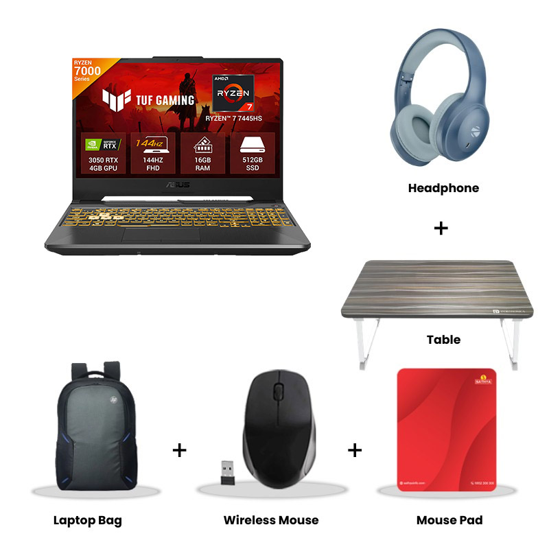 Asus TUF Gaming A15 - AMD Ryzen 7 7445HS 15.6" (39.62 cm) FA506NCG-HN200WS Gaming Laptop (16GB/ 512GB SSD/ Full HD Display/  NVIDIA GeForce RTX 3050 4GB GDDR6/ Windows 11 Home/ MS Office 2024/ 1Year Warranty/  Graphite Black/ 2.30 kg)  Zebronics Paradise Neo R Headset + Wireless Mouse + Mouse Pad + Laptop Table + Laptop Bag