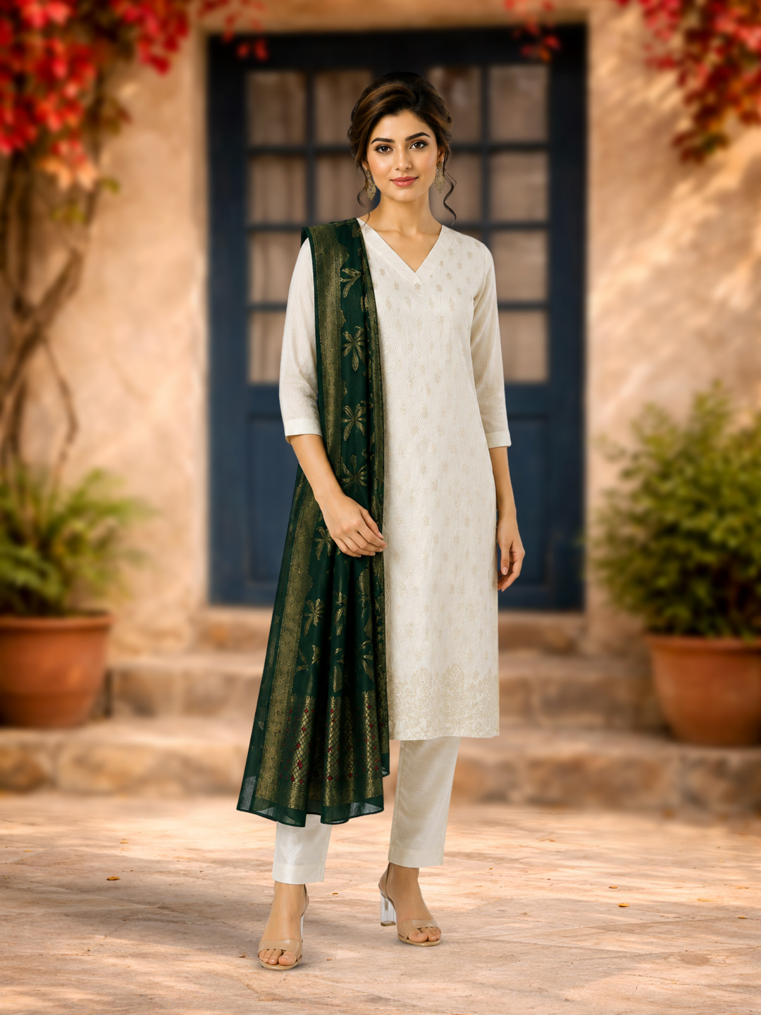 Zari Motifs Ethnic   V-Neck Salwar Suit Set