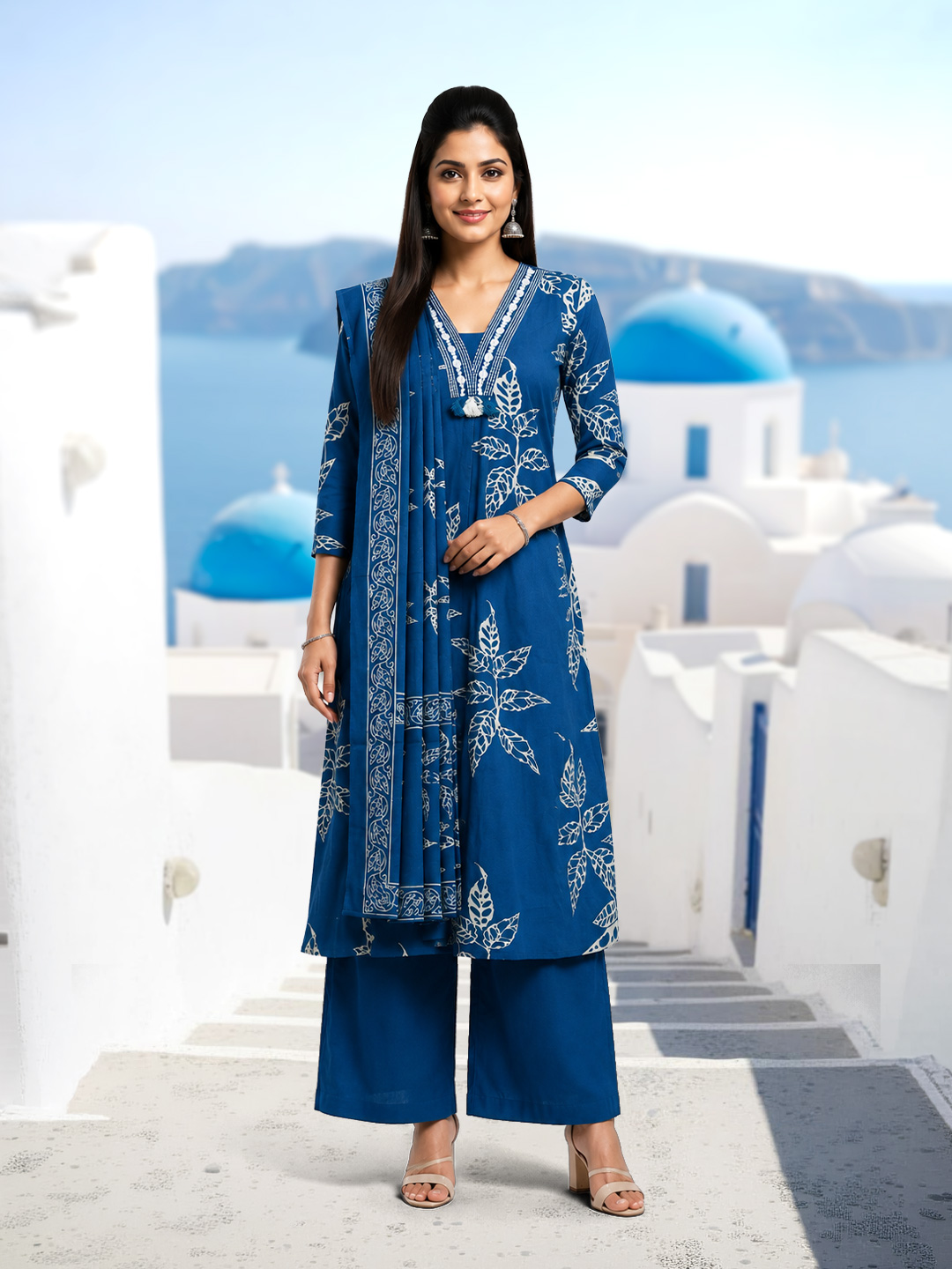 Thread Embroidery  V-Neck Printed  Salwar Suit Set