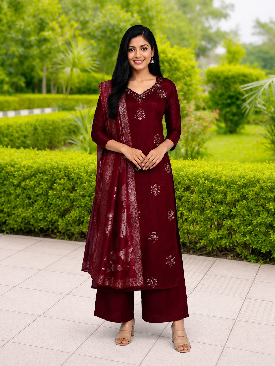 Ethnic  Heart-Shaped V Neckline Beads Work Salwar Suit Set
