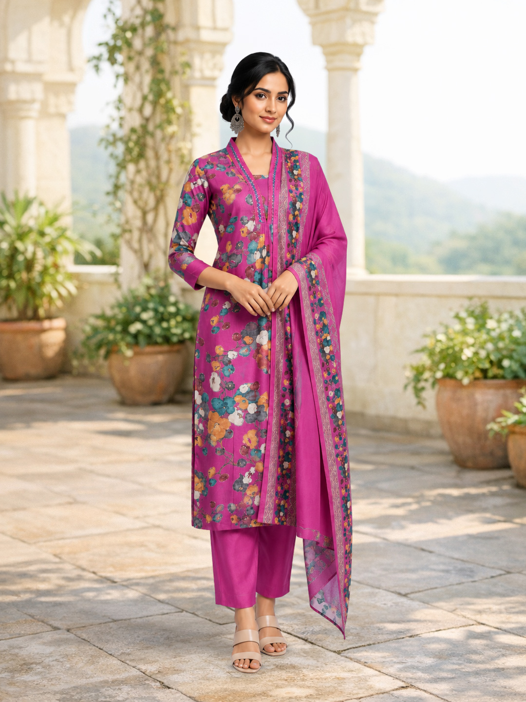 Thread Work V-Neck Ethnic Printed Salwar Suit Set