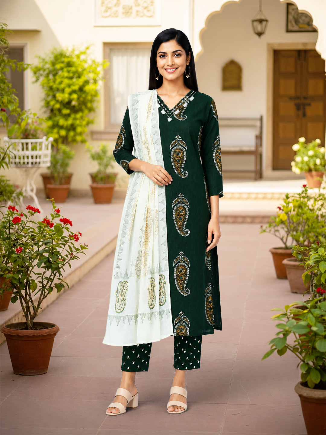 V-Neck Mirror Work Ethnic Printed  Salwar Suit Set