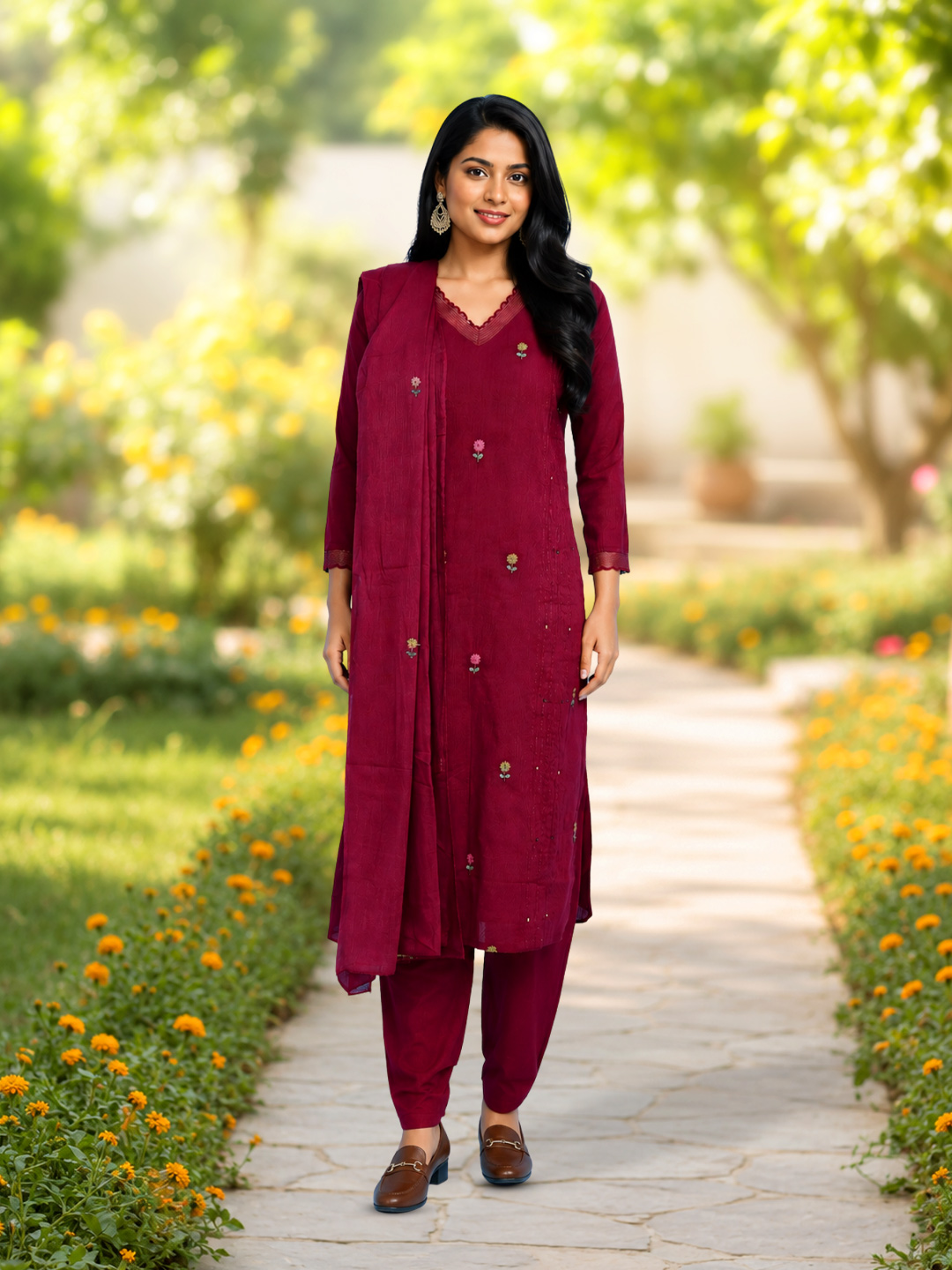 Floral Embroidered V-Neck  Ethnic  Salwar Suit Set