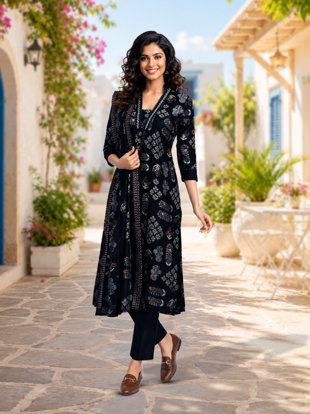 Printed Ethnic  V-Neck Salwar Suit Set
