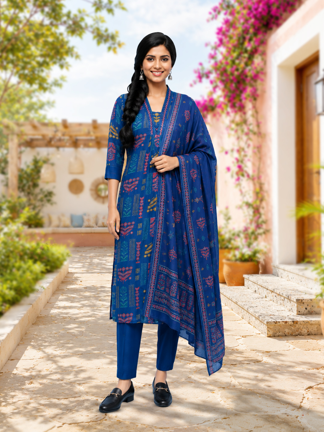 Ethnic Printed Traditional V-Neck Salwar Suit Set