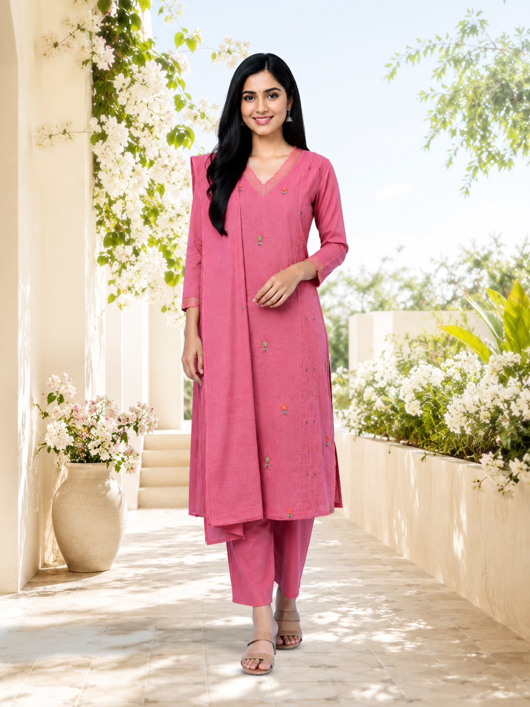 Floral Embroidered V-Neck  Ethnic  Salwar Suit Set