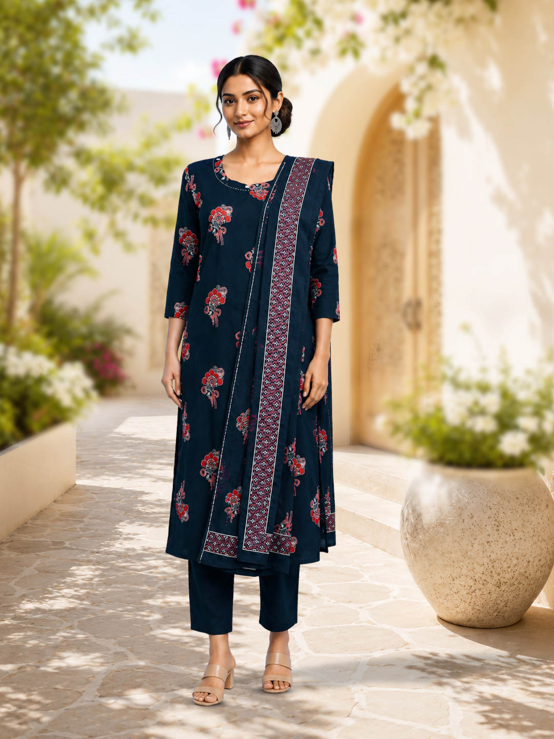 Round Neck Floral Motifs Ethnic Salwar Suit Set