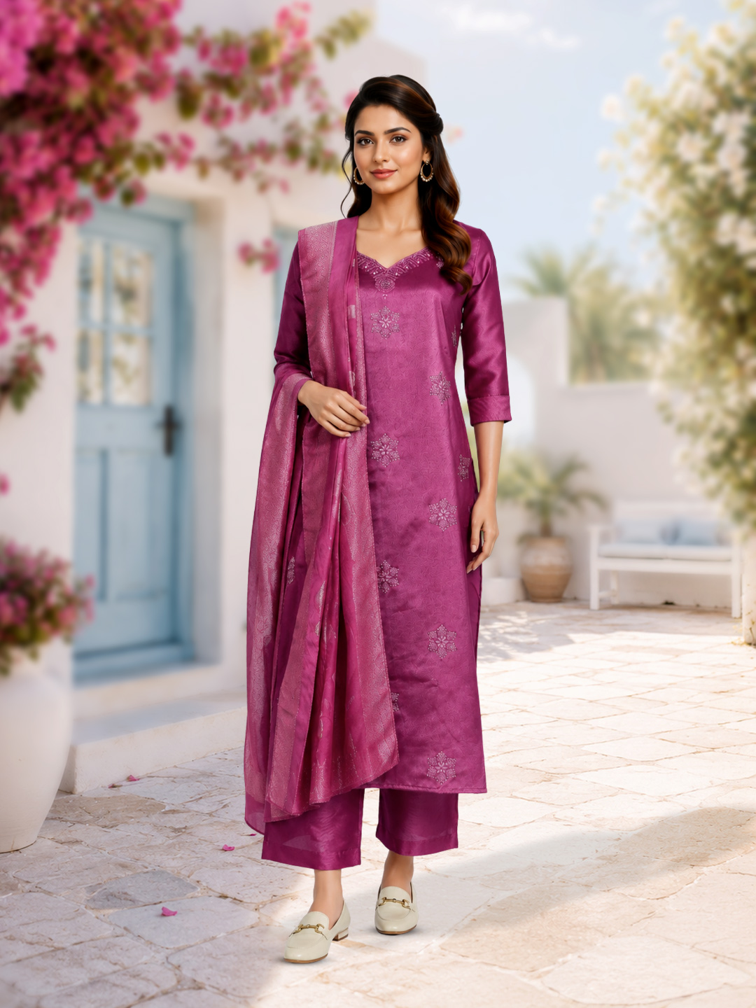 Ethnic  Heart-Shaped V Neckline Beads Work Salwar Suit Set