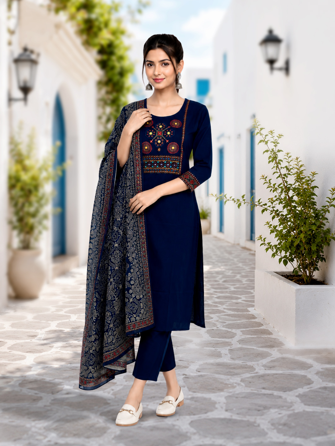 Thread Work Ethnic  Round Neck  Printed Salwar Suit Set