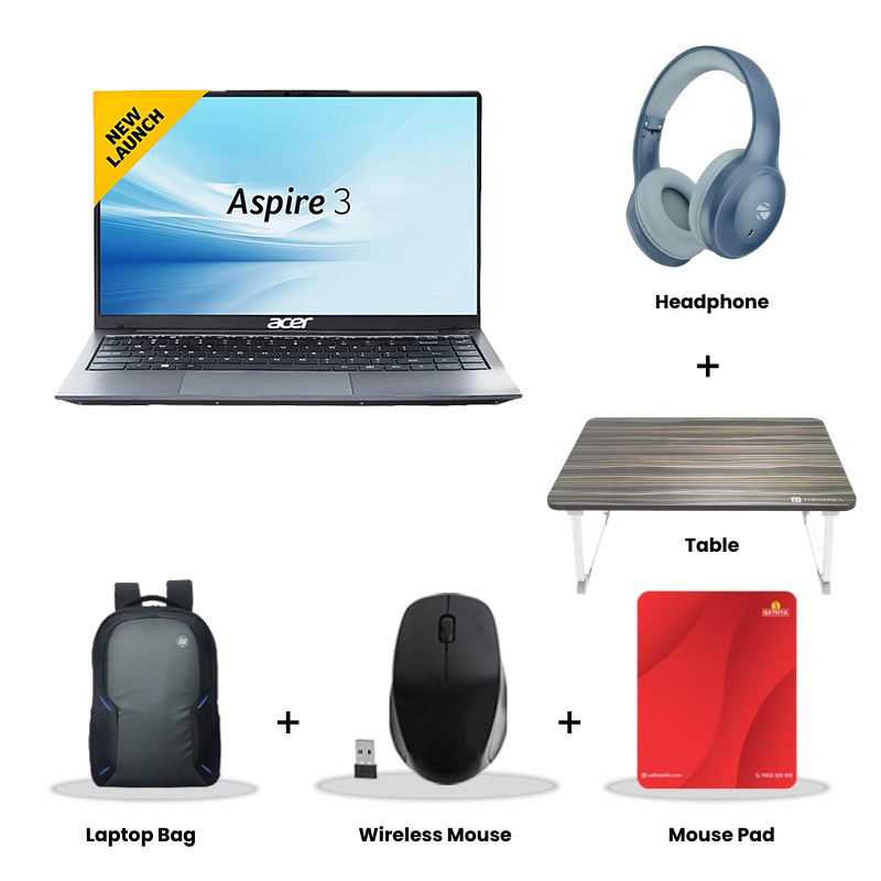 Acer Aspire 3 -  Intel Core i3-1305U 15" (38.1 cm)  Thin and Light Laptop  (8GB DDR4/ 500GB SSD/ Full HD IPS Display/ Copilot Key/ Intel UHD Graphics/ Windows 11 Home/ MS Office/ 1Year Warranty/ Silver/ 1.5 kg)  Zebronics Paradise Neo R Headset + Wireless Mouse + Mouse Pad + Laptop Table + Laptop Bag