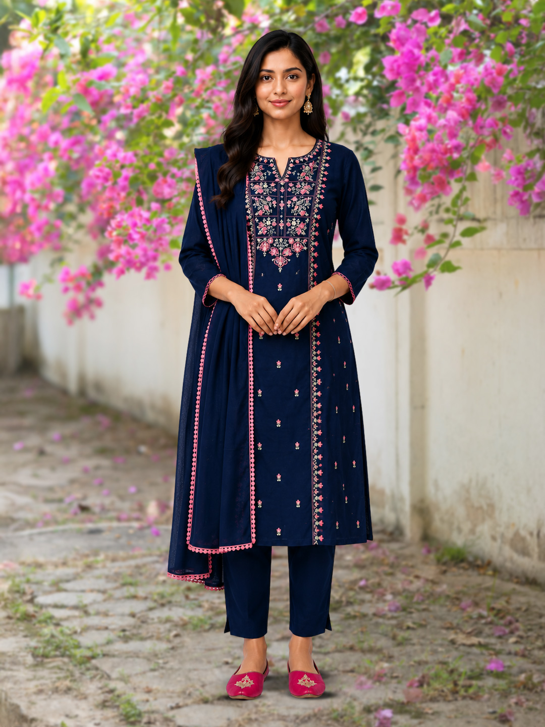 Embroidered Linen Cotton Straight Salwar Suit Set