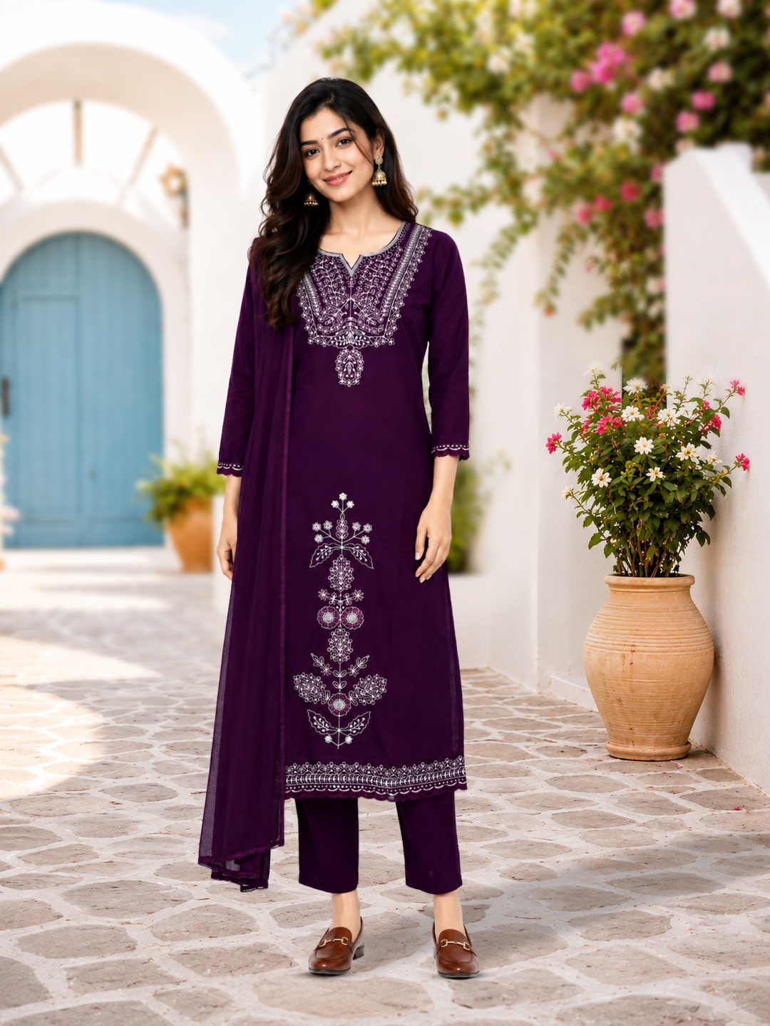 Elegant Embroidery Notched Neck Salwar Suit Set
