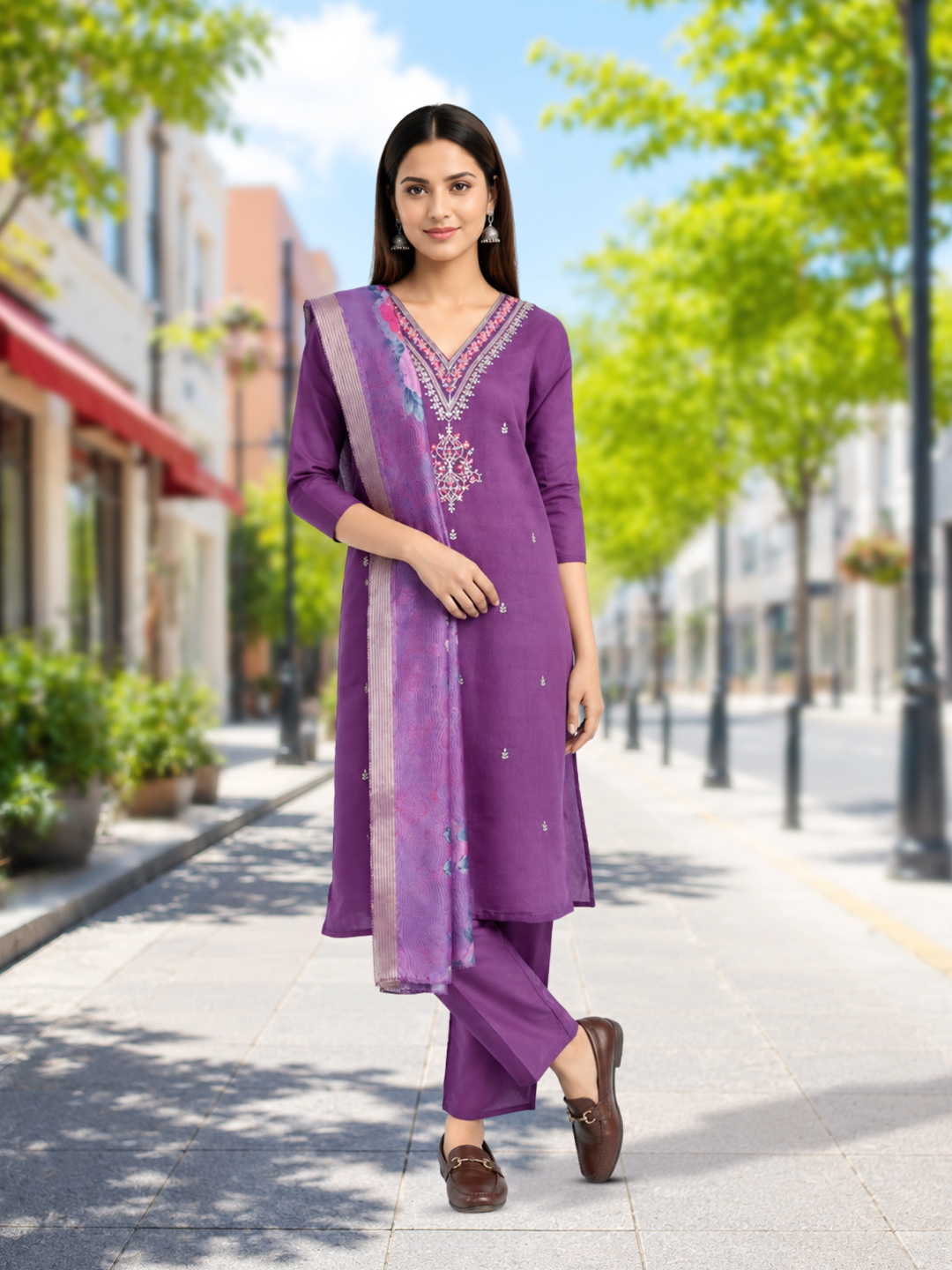 V-Neck Embroidered Motifs Threadwork Salwar Suit Set