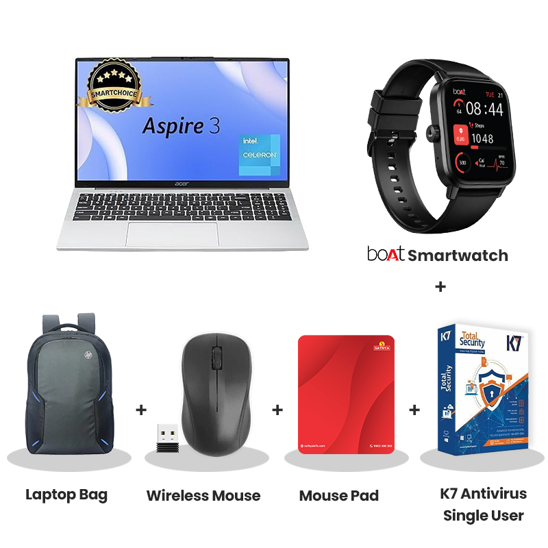 Acer Aspire 3 - Intel Core Celero N4500 15.6" (39.62 cm) A325-45 Thin & Light Laptop  (8GB/ 256GB SSD/ HD Display/ Windows 11 Home / MS Office/ 1Year Warranty/ Pure Silver/ 1.5 Kg)  with bOAt Smartwatch + Laptop Bag Wireless Mouse + Mouse Pad +  K7 Antivirus Single User