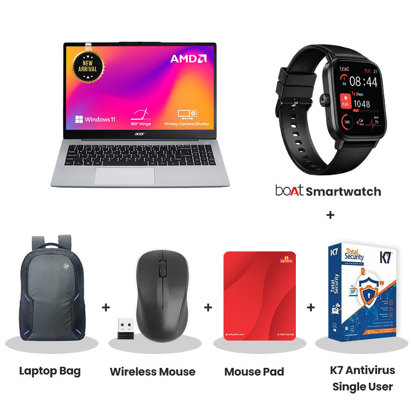  Acer Aspire 15 - AMD Ryzen R3 7330U 15.6" (39.62 cm) AS15-42 Thin and Light Laptop (16GB/ 512GB SSD/ Full HD IPS Display/ Backlit keyboard/ AMD Radeon Graphics/ Windows 11 Home/ 1Year Warranty/ Pure Silver/ 1.79 kg) with bOAt Smartwatch + Laptop Bag Wireless Mouse + Mouse Pad +  K7 Antivirus Single User