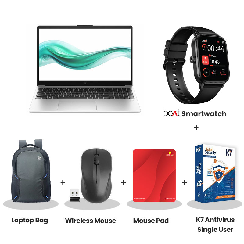 HP 250R G10 - Intel Core 3-100U 15.6" (39.6 cm) C91W6AT Thin & Light Laptop (8GB DDR4/ 512 GB SSD/ HD IPS Display/ Intel Graphics/ DOS/ 1Year Warranty/ Turbo Silver/  1.59 kg) with bOAt Smartwatch + Laptop Bag Wireless Mouse + Mouse Pad +  K7 Antivirus Single User