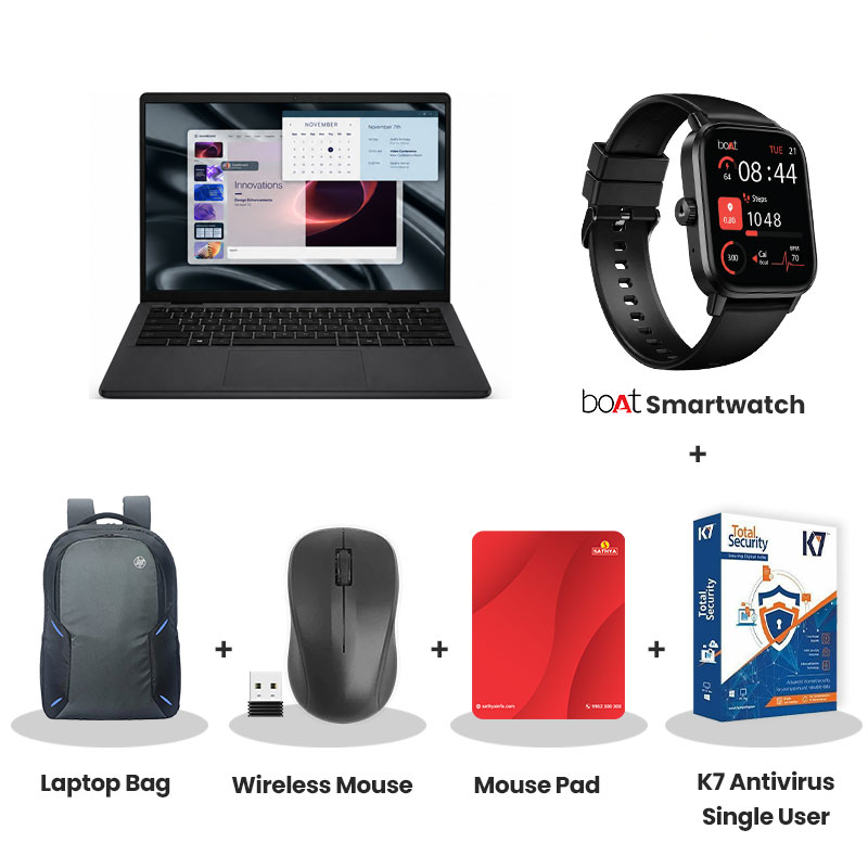 Dell Pro 14 - Intel Core 3 100U  14" (35.5cm) PV14250 Essential Laptop  (8GB DDR5/ 512GB SSD/ Intel UHD Graphics/ WiFi + BT/ Ubuntu/ 1 Year Warranty/ Carbon Black/ 1.54 kg)  with bOAt Smartwatch + Laptop Bag Wireless Mouse + Mouse Pad +  K7 Antivirus Single User
