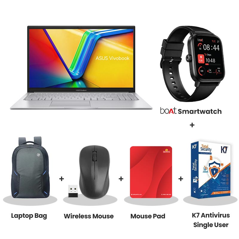 Asus  Vivobook 15 - AMD Ryzen 3 30 14" (35.56 cms) E1404FA-EB1224WS Thin & Light Laptop (8GB DDR5/ 512GB SSD/ Full HD Display/ Windows 11 Home/Office Home 2024 + M365 Basic (1 Year Validity)/ 1Year Warranty/ Cool Silver/ 1.38 kg)  with bOAt Smartwatch + Laptop Bag Wireless Mouse + Mouse Pad +  K7 Antivirus Single User
