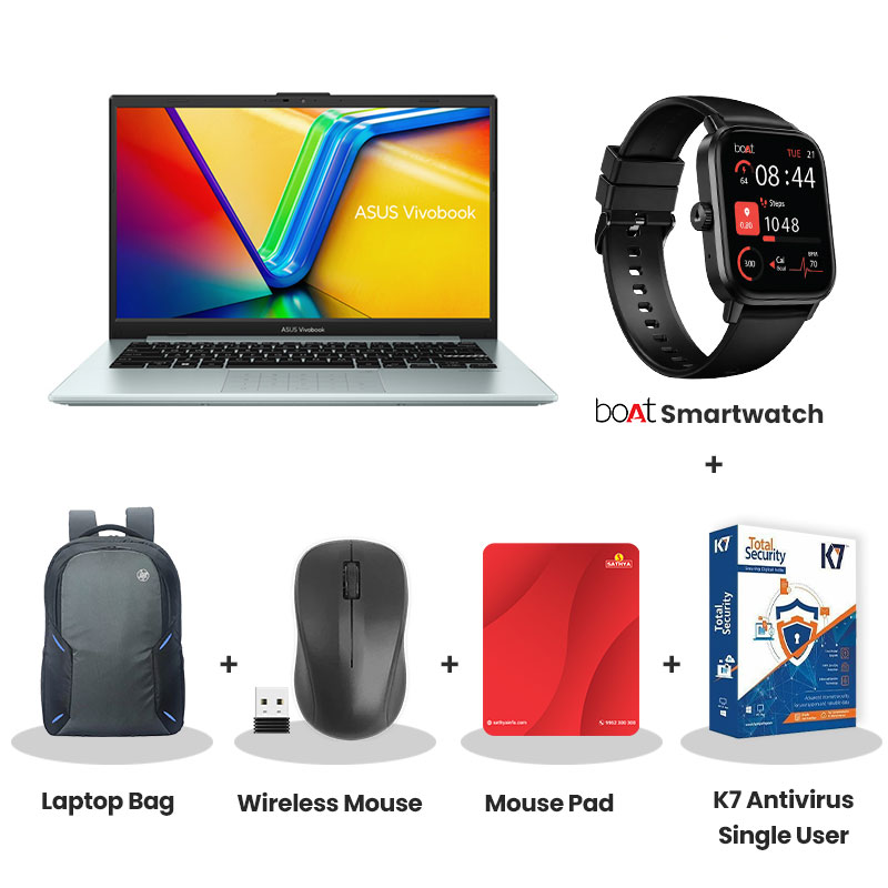 Asus Vivobook 15 -  AMD Ryzen 3 30 14" (35.56 cms) E1404FA-EB1236WS Thin & Light Laptop (8GB DDR5/ 512GB SSD/ Full HD Display/ AMD Radeon Graphics/ Windows 11 Home/Office Home 2024 + M365 Basic (1 Year Validity)/ 1Year Warranty/ Grey Green/  1.38 kg)  with bOAt Smartwatch + Laptop Bag Wireless Mouse + Mouse Pad +  K7 Antivirus Single User
