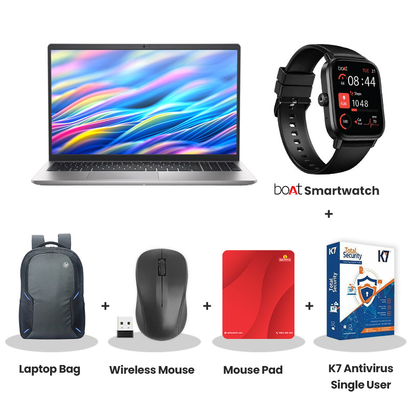 Dell 15 - Intel Core 3-100U 15.6" (39.62cm) Thin & Light Laptop (8GB/ 512GB SSD/ Full HD Display/ Intel UHD Graphics/ Windows 11 Home/ MS Office 2024/ 1 Year Warranty Platinum Silver/ 1.90 kg) with bOAt Smartwatch + Laptop Bag Wireless Mouse + Mouse Pad +  K7 Antivirus Single User